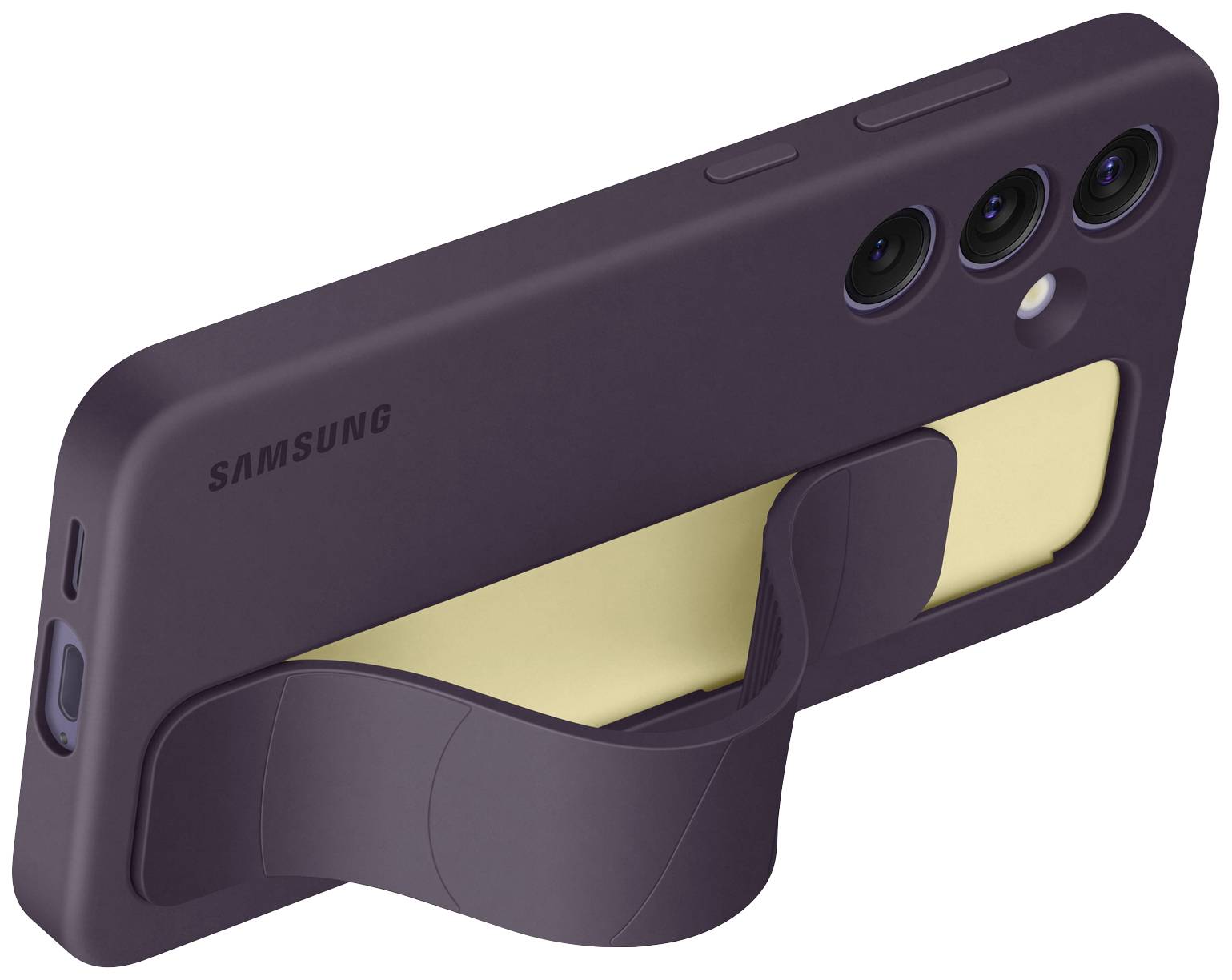 Smartphone in una custodia viola scuro con supporto pieghevole. Tre obiettivi fotografici sono visibili. Nome del marchio 'Samsung' sulla custodia.