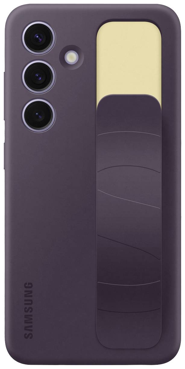 Un telefono nero con tre obiettivi fotografici e una striscia verticale gialla sul retro, marchio 'Samsung'.