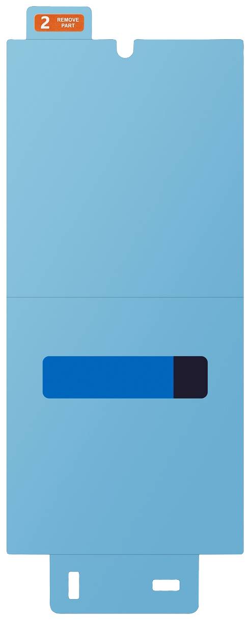 Cartone blu rettangolare con una piccola area arancione in alto stampata con '2 genuine parts'.