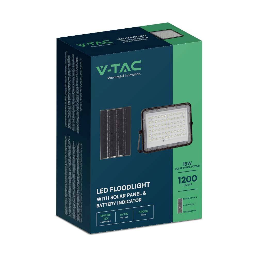 Confezione di un proiettore LED con pannello solare. Potenza: 15W, Luminosità: 1200 lumen. Contiene un'immagine del proiettore e del pannello solare.