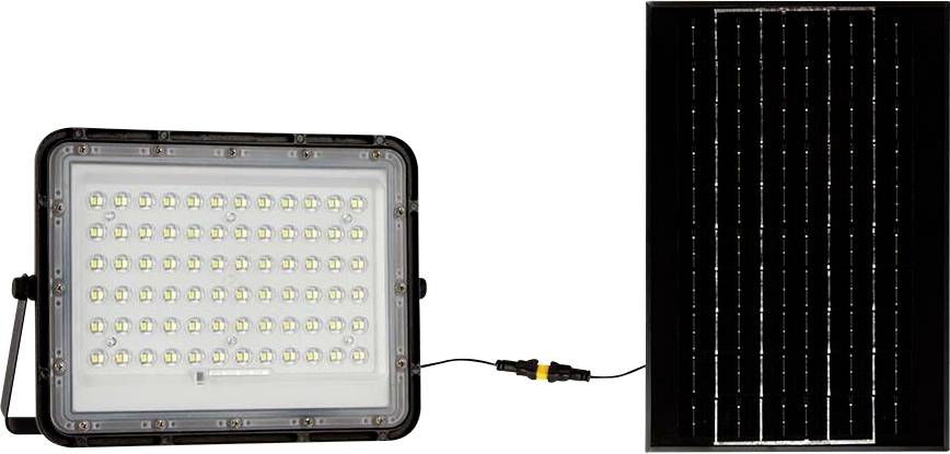 Un proiettore rettangolare a LED con molte luci è collegato a un pannello solare tramite un cavo.