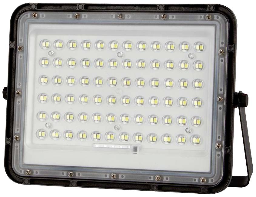 Proiettore LED con involucro rettangolare robusto e supporto. Contiene più diodi luminosi per un'illuminazione potente.