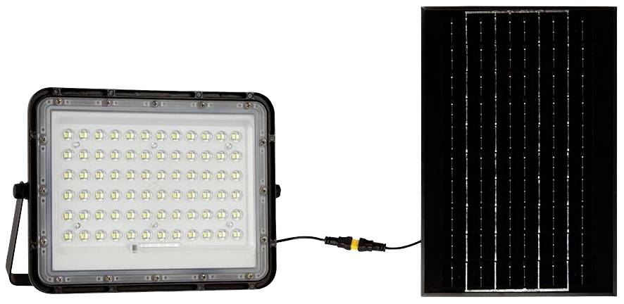 Un proiettore a LED con molte piccole lampadine a sinistra, collegato a un pannello solare a destra tramite un cavo.