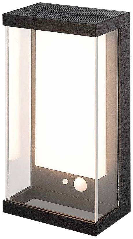 Applique da esterno rettangolare nera con pareti in vetro, illumina in un bianco caldo. Adatta per essere utilizzata in giardino o sulla facciata della casa.