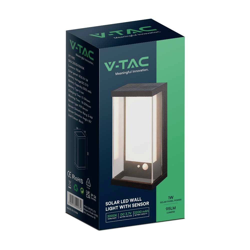 'Applique solare a LED V-TAC con sensore, Modello VT-757, 1W, luce calda (3000K), 120lm, batteria da 2200mAh, prestazione luminosa di 95lm, impermeabile IP44.'