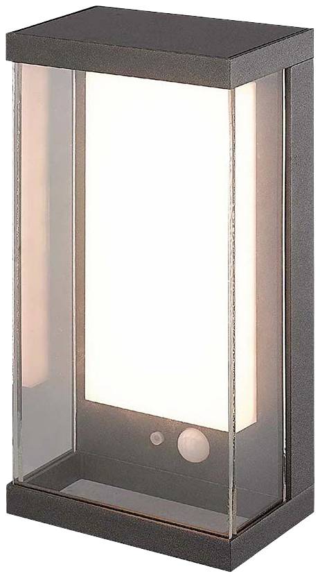 Lampada da esterno rettangolare con involucro in vetro e bordo nero. Sensore di movimento integrato nella parte inferiore anteriore.