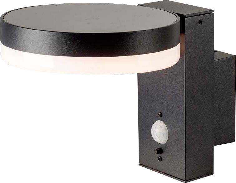 Lampada da esterno di design moderno con involucro circolare nero e sensore integrato per il rilevamento automatico del movimento.