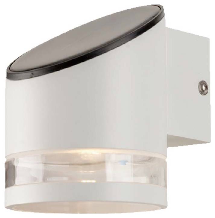 Lampada da parete bianca dal design cilindrico, con luce orientata verso il basso, ideale per l'illuminazione esterna moderna.