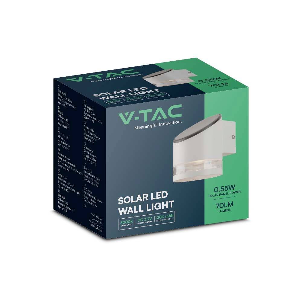 'V-TAC Solar LED Wall Light 0,55W', mostra una confezione con un'immagine della lampada. Soluzione di illuminazione per pareti, 70 lumen.