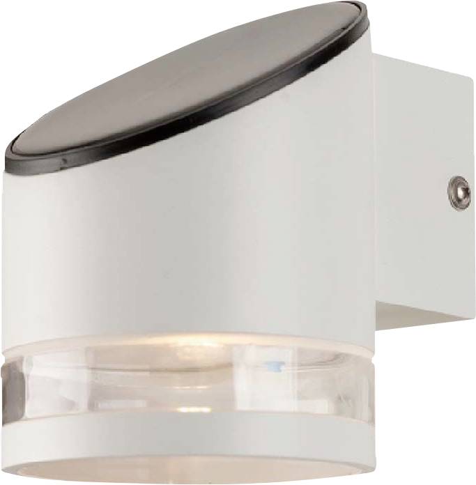 Applique in metallo bianco con corpo illuminante trasparente e parte superiore nera. Design minimale e moderno.