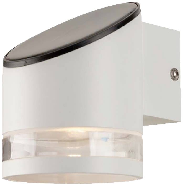 Lampada da parete esterna bianca dal design cilindrico con copertura inferiore trasparente; aspetto moderno e minimale.