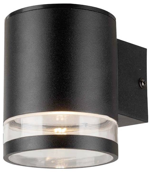 Applique cilindrica nera con anello trasparente, montata a parete. La lampada emana luce verso l'alto e verso il basso.