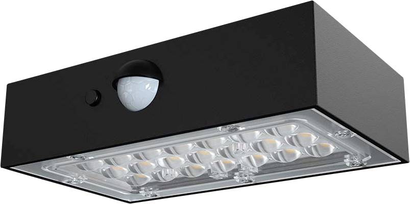 Applique da esterno a LED nera con sensore di movimento, montata su una parete.