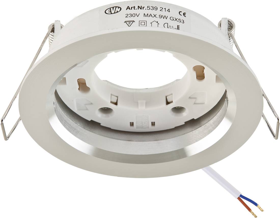Apparecchio di illuminazione a incasso nel soffitto color bianco con clip a molla e cavi di collegamento, etichettato '230V MAX 9W GX53' sulla scatola.