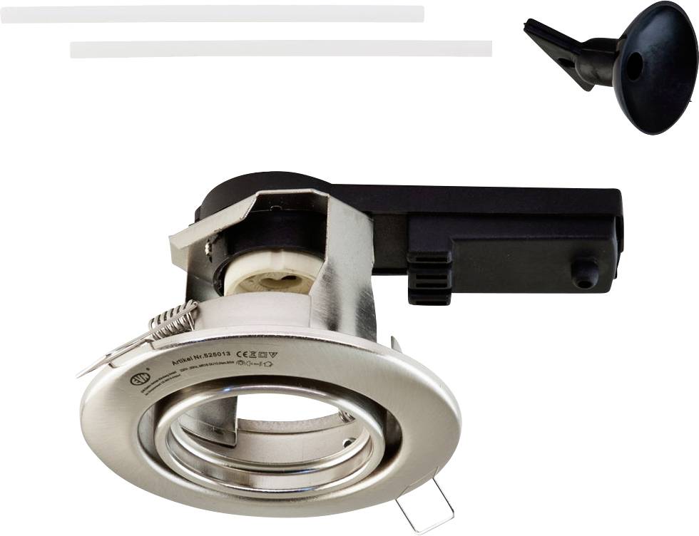 Apparecchio di illuminazione riflettore in acciaio inossidabile con base di montaggio e cavo di alimentazione.