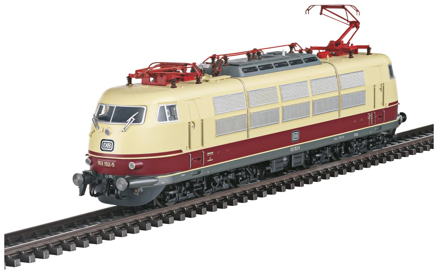 Locomotiva beige-rossa delle Deutsche Bahn sui binari, con dettagliate linee aeree e vista frontale caratteristica.