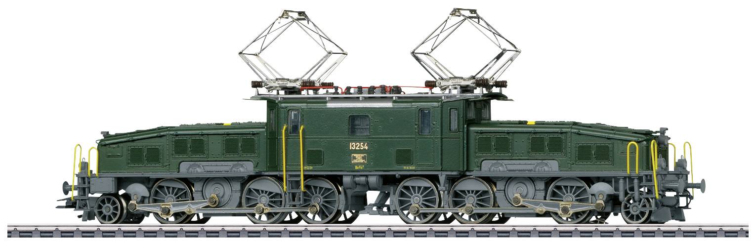 Locomotiva elettrica storica verde su binario con due pantografi sollevati. Modello dettagliato con diverse ruote e scalette dorate.