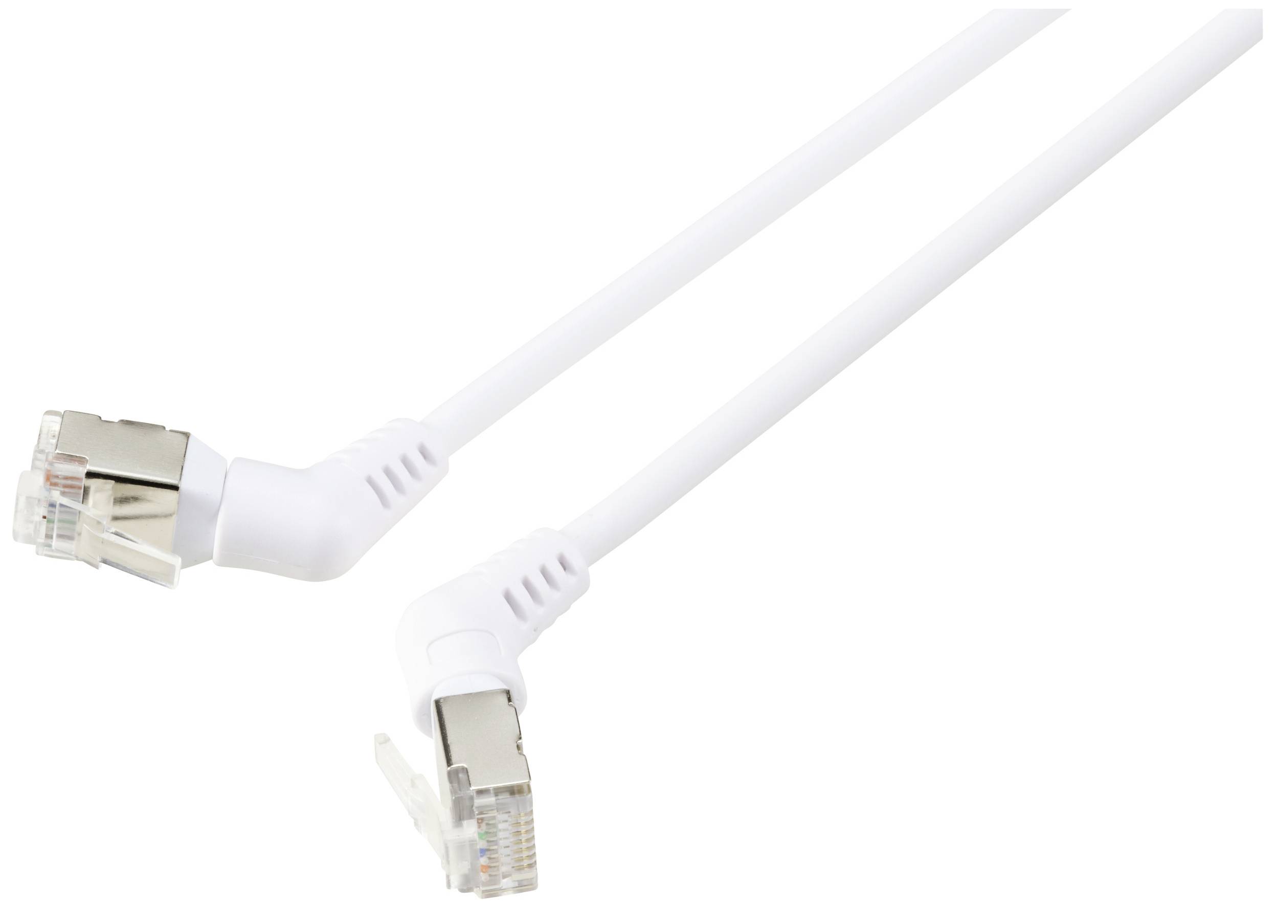 Un cavo Ethernet bianco con due connettori RJ45 angolati per connessioni di rete.