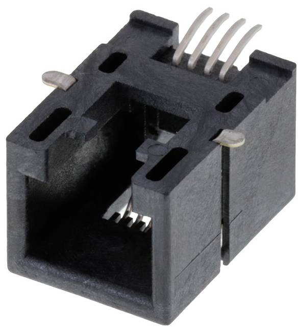 'Un connettore elettrico nero a quattro piedini con forma rettangolare e contatti metallici che si estendono dalla parte superiore.'
