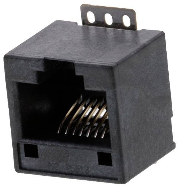 Un connettore modulare RJ45 nero con otto contatti placcati in oro, utilizzato per il networking Ethernet.