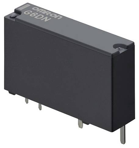 Relè rettangolare nero con scritta 'Omron G8DN' sulla parte superiore, che mostra i piedini elettrici sul lato inferiore.