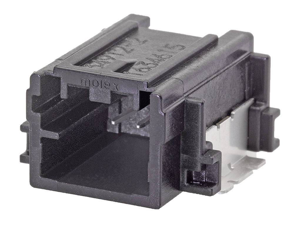 Connettore nero in plastica, rettangolare, con terminali aperti e clip metalliche laterali per il fissaggio.