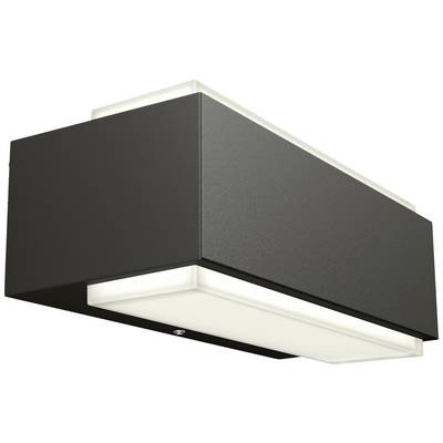 Un applique moderno nero con involucro rettangolare e finitura opaca. Emana luce verso l'alto e verso il basso.