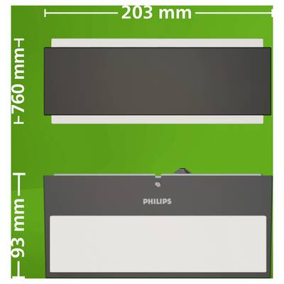 Viste frontale e posteriore di una lampada da parete rettangolare Philips, con etichette che indicano 203 mm di larghezza, 760 mm di altezza e 93 mm di profondità.