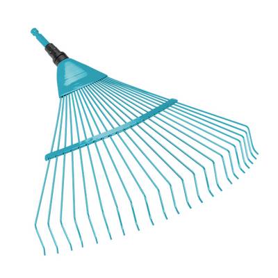 Scopa blu per foglie con denti larghi e ricurvi e manico. Adatta per raccogliere foglie e residui da giardino.