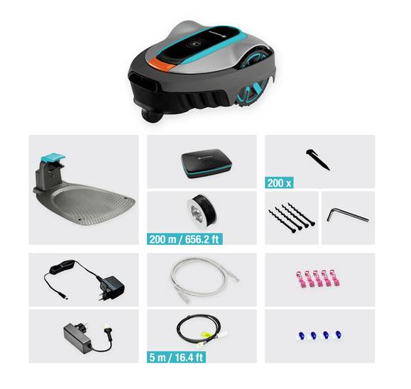 Tagliaerba automatico e accessori: Stazione di ricarica, alimentatore, cavo di delimitazione, picchetti di terra, viti, righello, connettori per cavi, morsetti di collegamento.