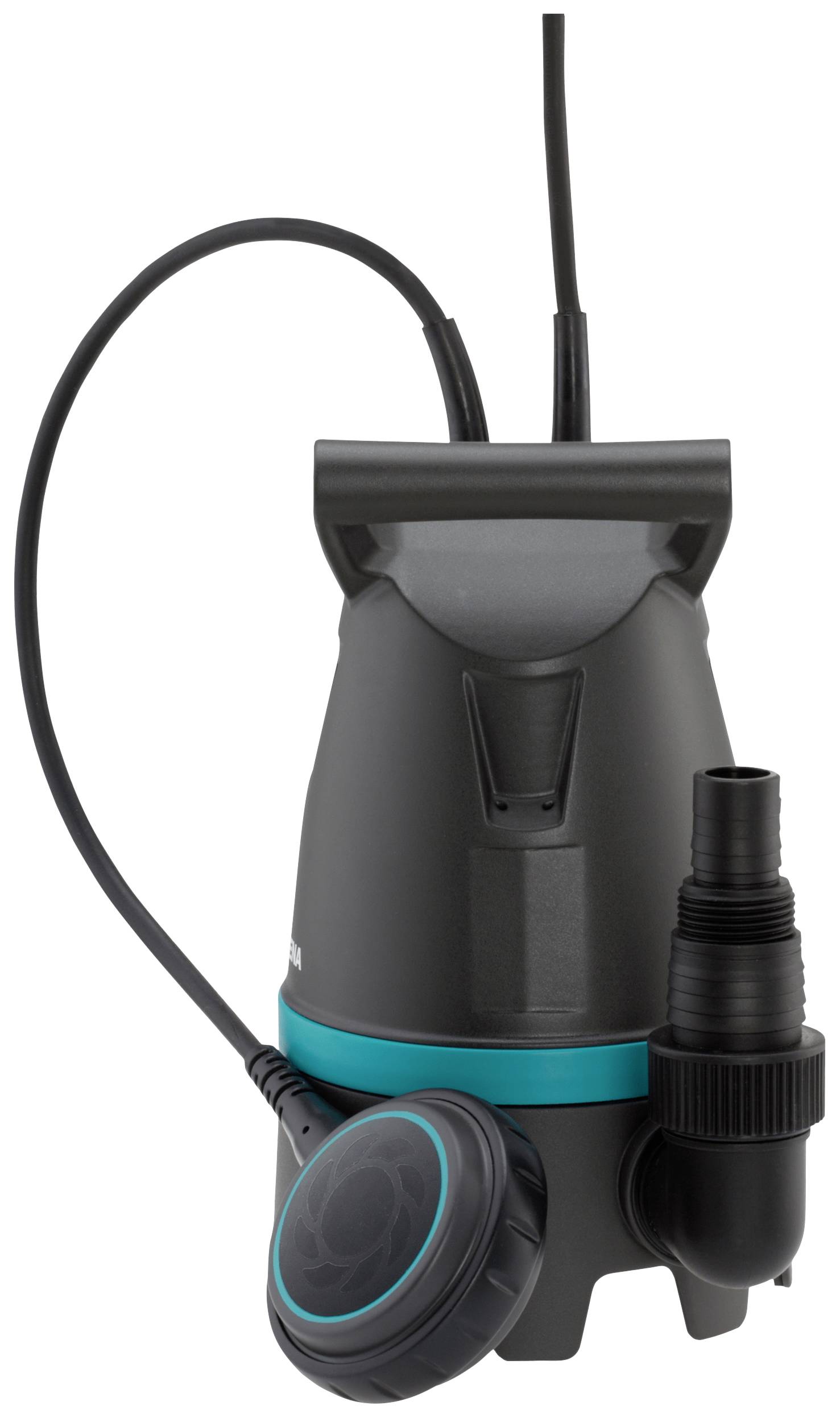 Pompa da giardino con involucro nero e striscia blu; cavo e attacco del tubo sono visibili. Principalmente utilizzata per il trasporto dell'acqua.
