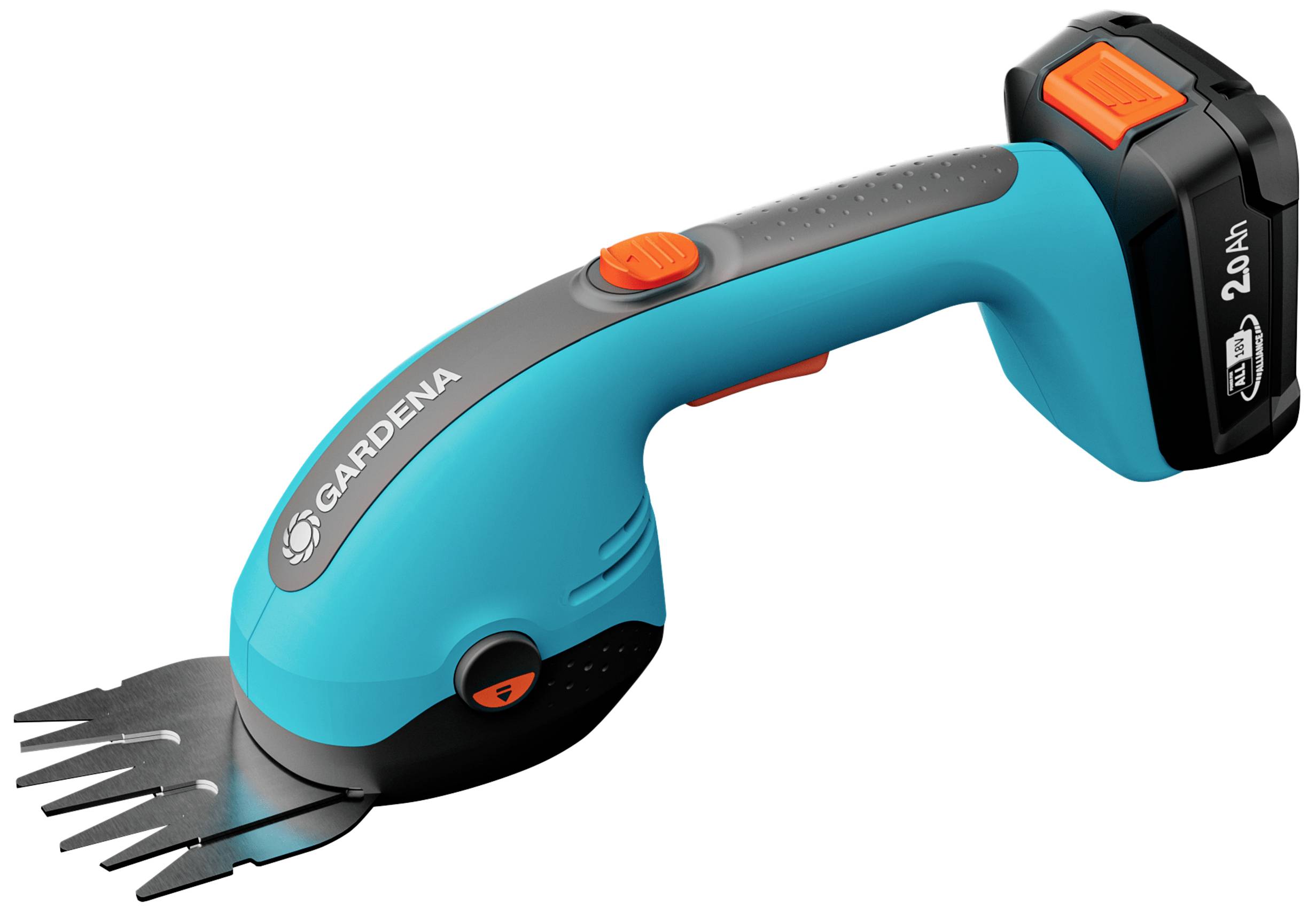 Un tagliaerba a batteria blu-arancione della marca Gardena, adatto per rifilare i bordi dell'erba nei giardini.