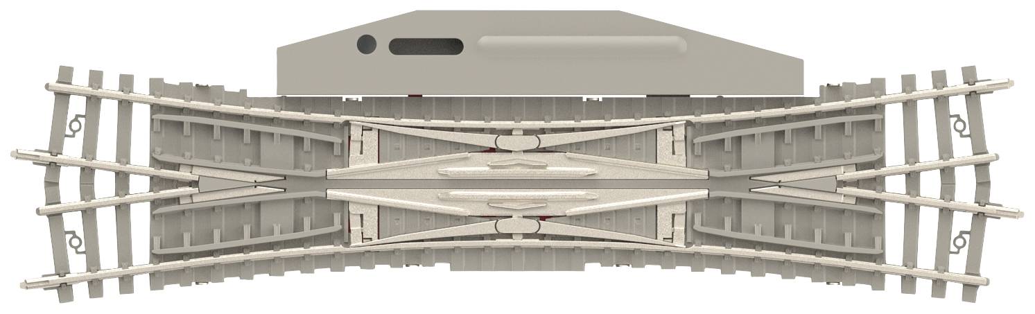 Deviatore per modellismo ferroviario, a doppio binario in plastica con multiple possibilità di commutazione per movimenti flessibili dei treni.