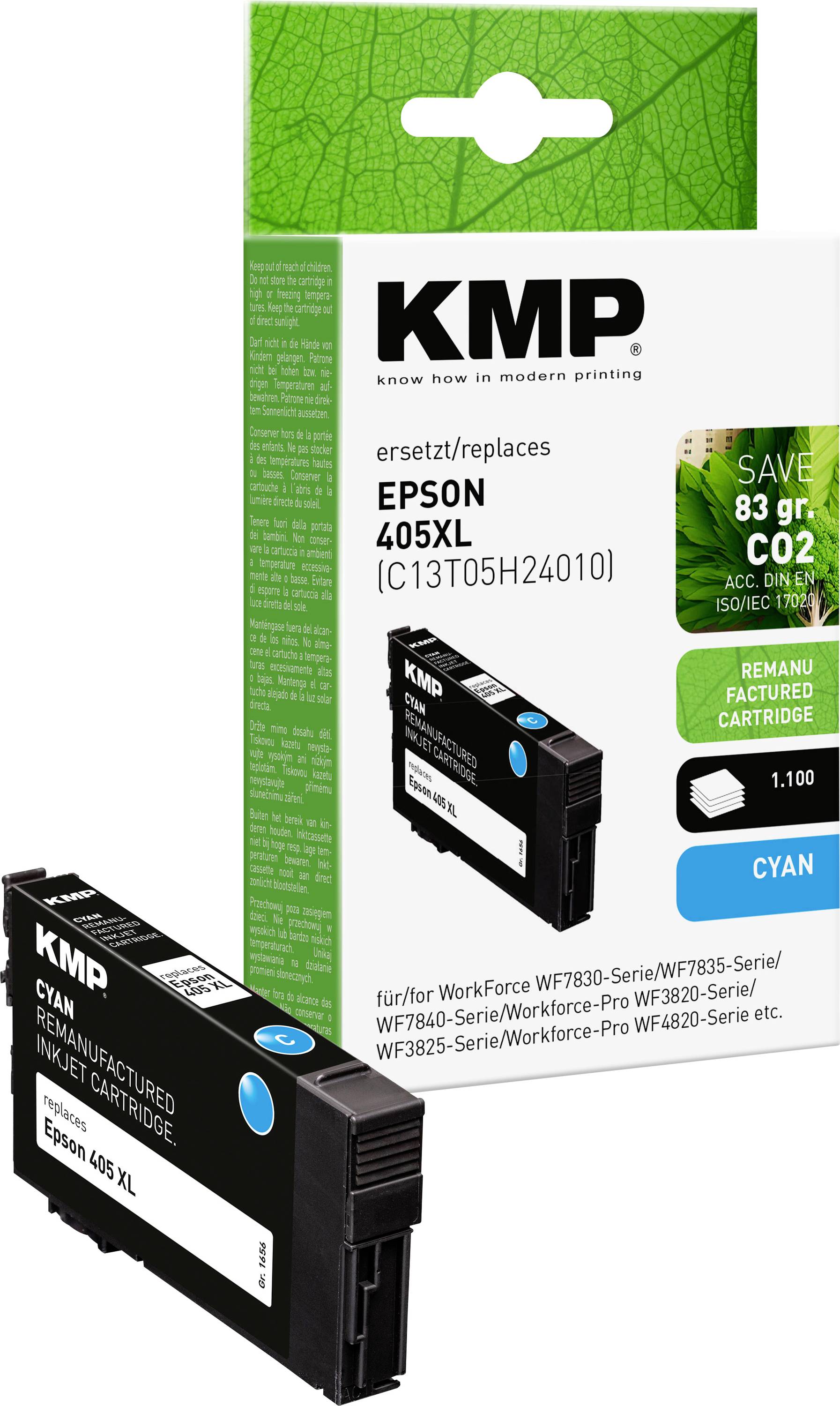 Una cartuccia d'inchiostro ciano KMP sostituisce l'Epson 405XL, compatibile con specifiche stampanti Epson Workforce, pubblicizzata con emissioni di CO2 ridotte.