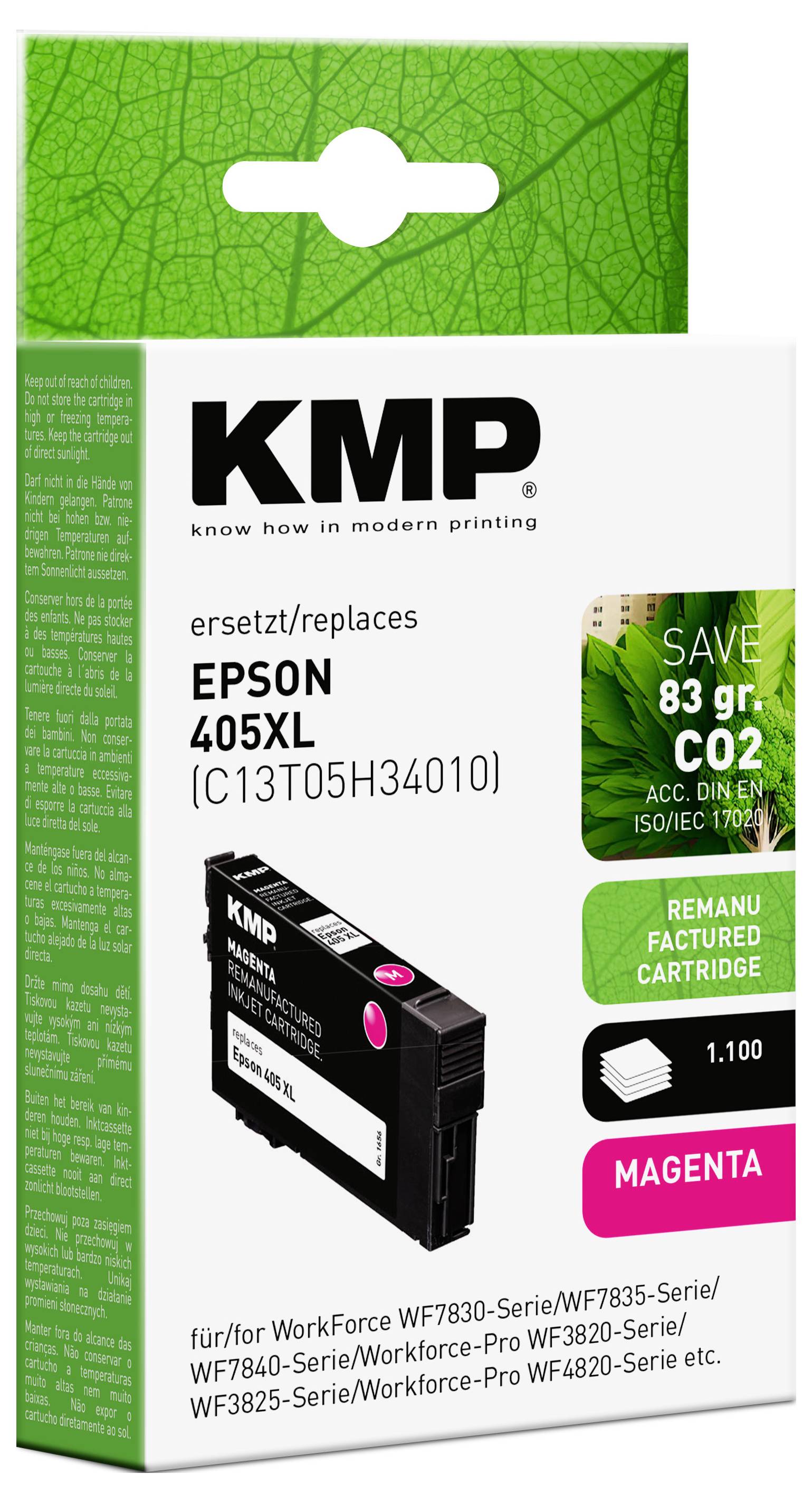 La confezione mostra un cartuccia d'inchiostro riciclata KMP per Epson 405XL magenta, compatibile con diversi modelli di stampanti Epson WorkForce.