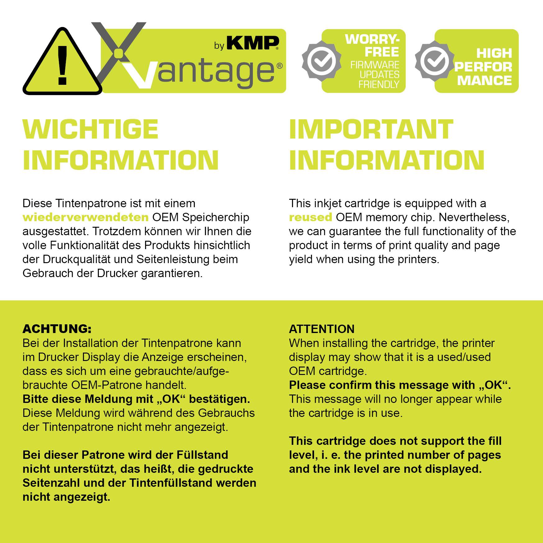 Una cartuccia d'inchiostro KMP, adatta per stampanti HP, con la scritta 'High Performance' e 'Worry-Free Firmware Updates'.