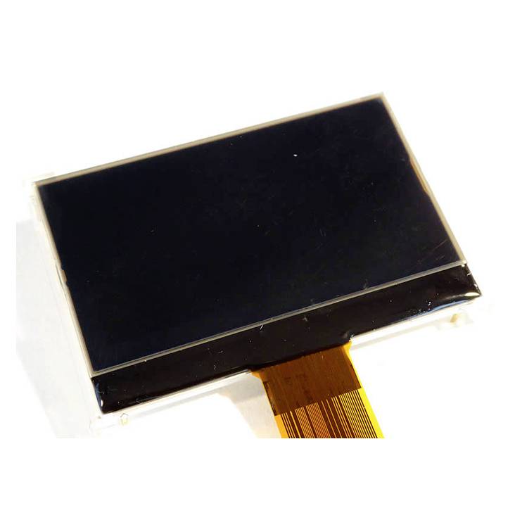Piccolo modulo display nero lucido con un cavo di connessione flessibile dorato in basso. Adatto per dispositivi elettronici.