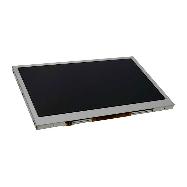 Un display LCD rettangolare in una vista frontale inclinata, con schermo nero e cornice argentata.