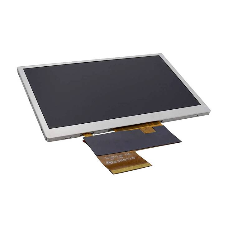 Schermo LCD con display rettangolare e cavo piatto. Adatto per dispositivi come tablet o elettronica portatile.
