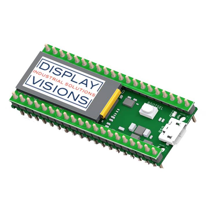 Piccolo modulo microchip verde con etichetta 'Display Visions Industrial Solutions', mostra un componente tecnologico con pin.