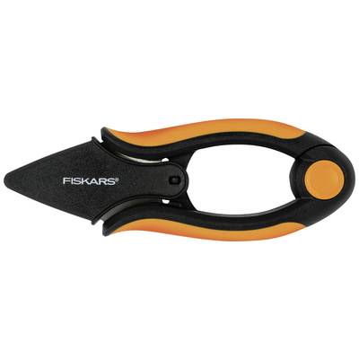 Una piccola forbice nera con impugnature arancioni e lame arrotondate, con sopra scritto 'Fiskars'.