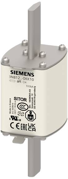 Interruttore di sicurezza Siemens, modello 3NB12-0KK10, 100A, che mostra diversi certificati e simboli di sicurezza sul lato frontale.