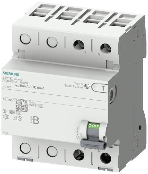 Un interruttore differenziale Siemens, modello SSV32-4KK60, Tipo B, con soglia di intervento nominale di 30mA, posizionato su 'OFF', per corrente alternata a 230V.