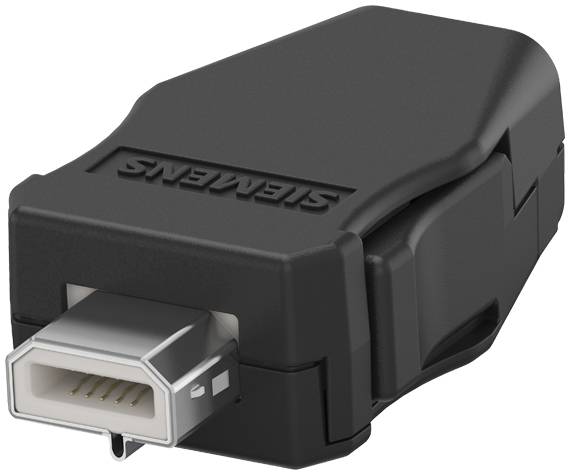 Un connettore USB nero con sei pin, contrassegnato con la scritta 'SIEMENS', mostra il lato posteriore con un involucro robusto.