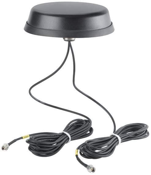 Antenna nera, rotonda, con due lunghi cavi, adatta per il montaggio su superfici piane; utilizzata per l'amplificazione del segnale.