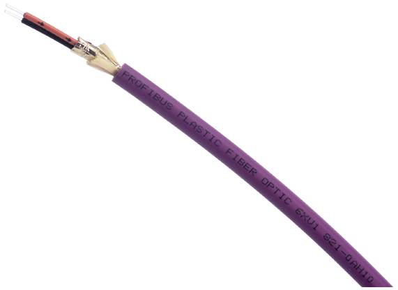 Un cavo in fibra ottica di plastica viola con l'etichetta 'PROFIBUS PLASTIC FIBER OPTIC EXHL 62/1-0H100' mostra la struttura del cavo.