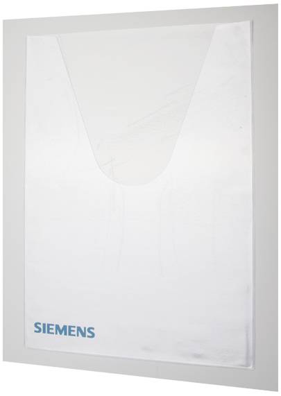 Un portalistino bianco in plastica con una tasca trasparente per l'inserimento, con il logo Siemens in blu in basso a destra.