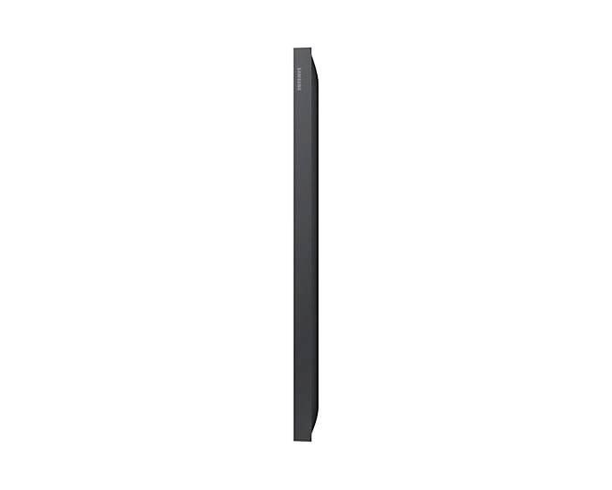 Vista laterale di una soundbar sottile e moderna in nero, che mette in risalto la sua struttura snella e il design minimalista.