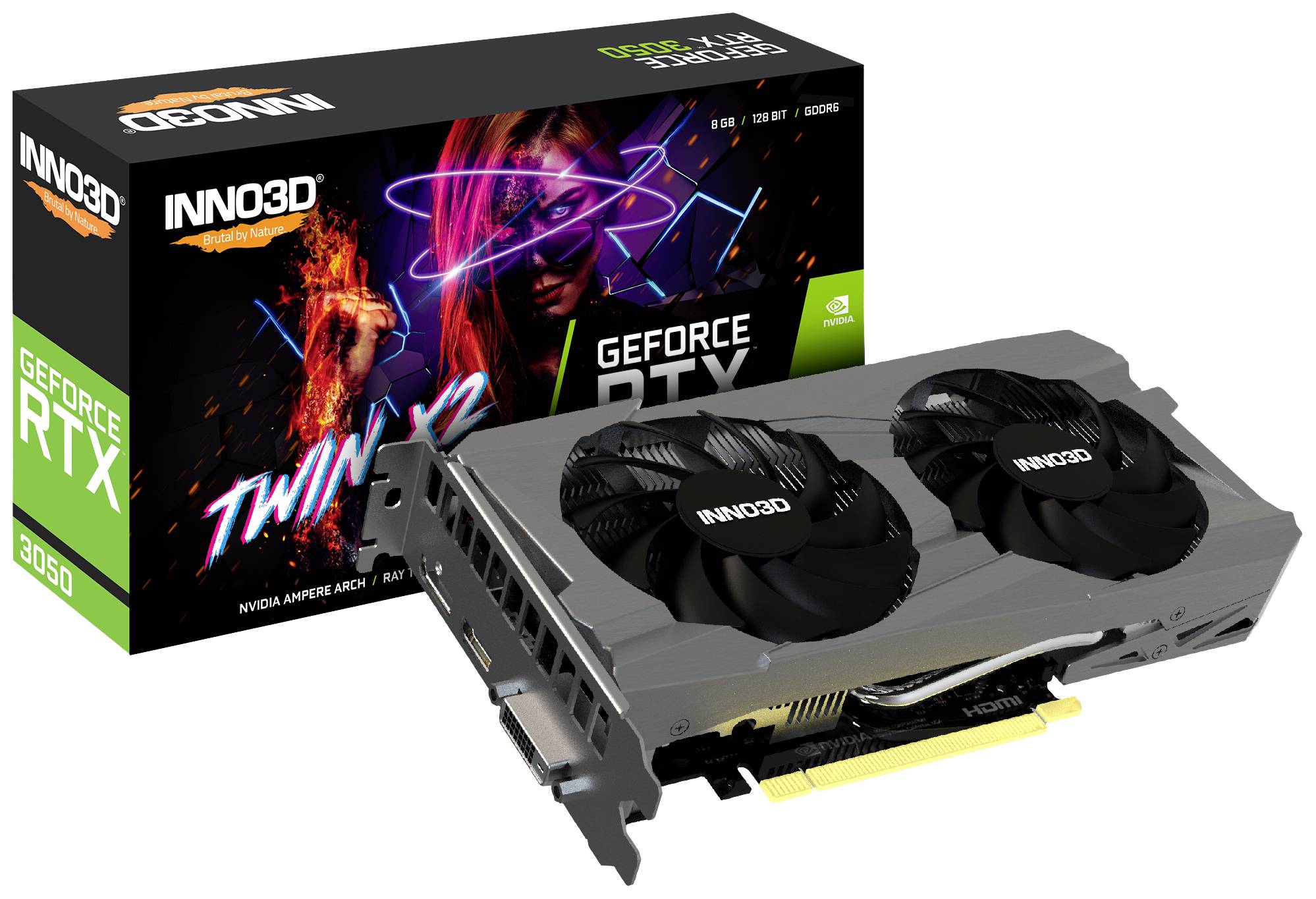 Scheda grafica 'INNO3D GeForce RTX 3060' con due ventole davanti a una confezione colorata. Testo: 'Twin X2 OC, 12GB, 192-bit'.