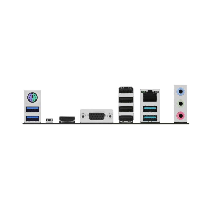 Connettori di una scheda madre per computer con porte USB, HDMI, VGA, di rete e audio; mostra il retro per le possibilità di connessione.
